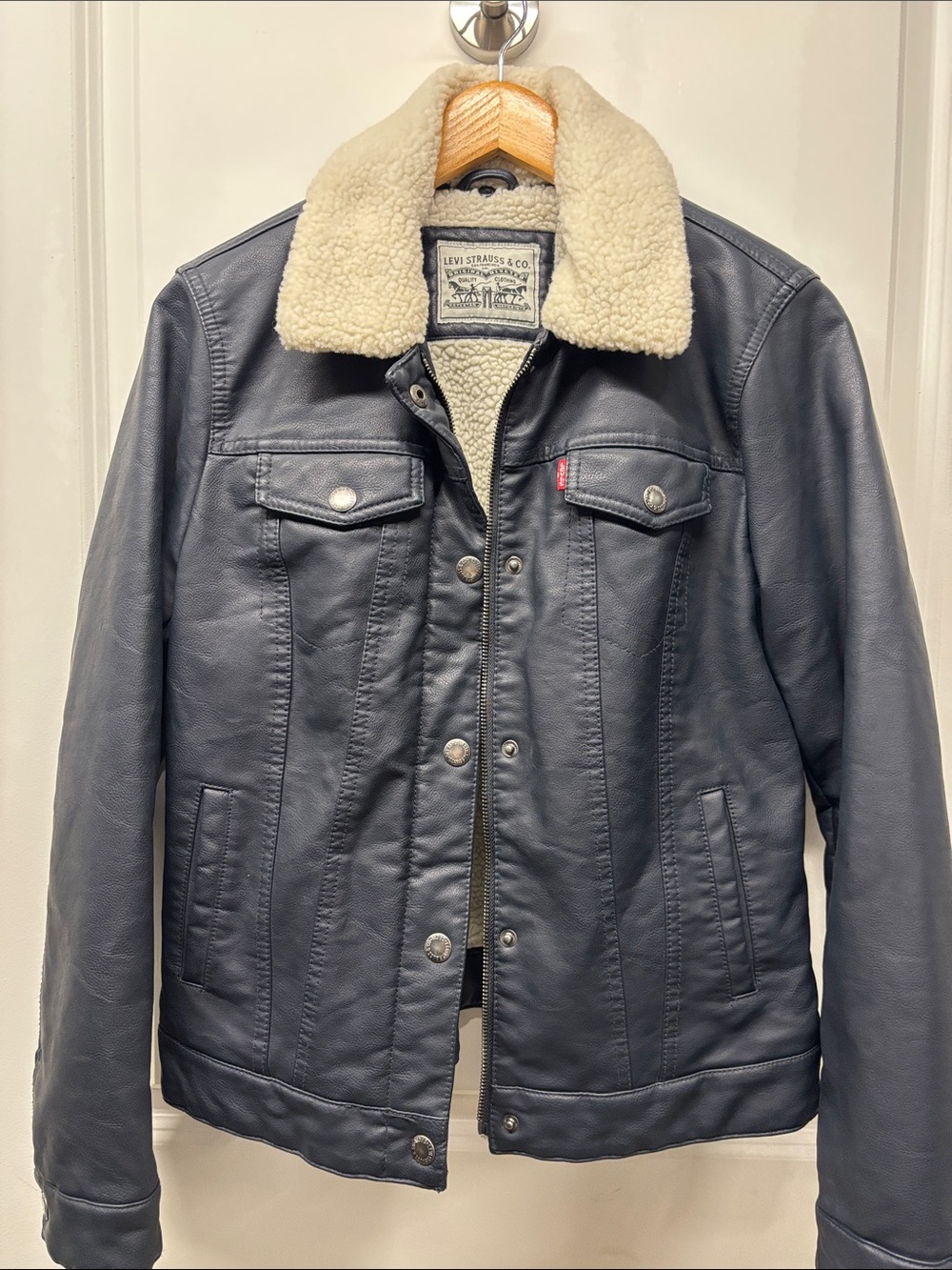 Levi's Navy Blue Leather Jacket with Cream Sherpa Collar
